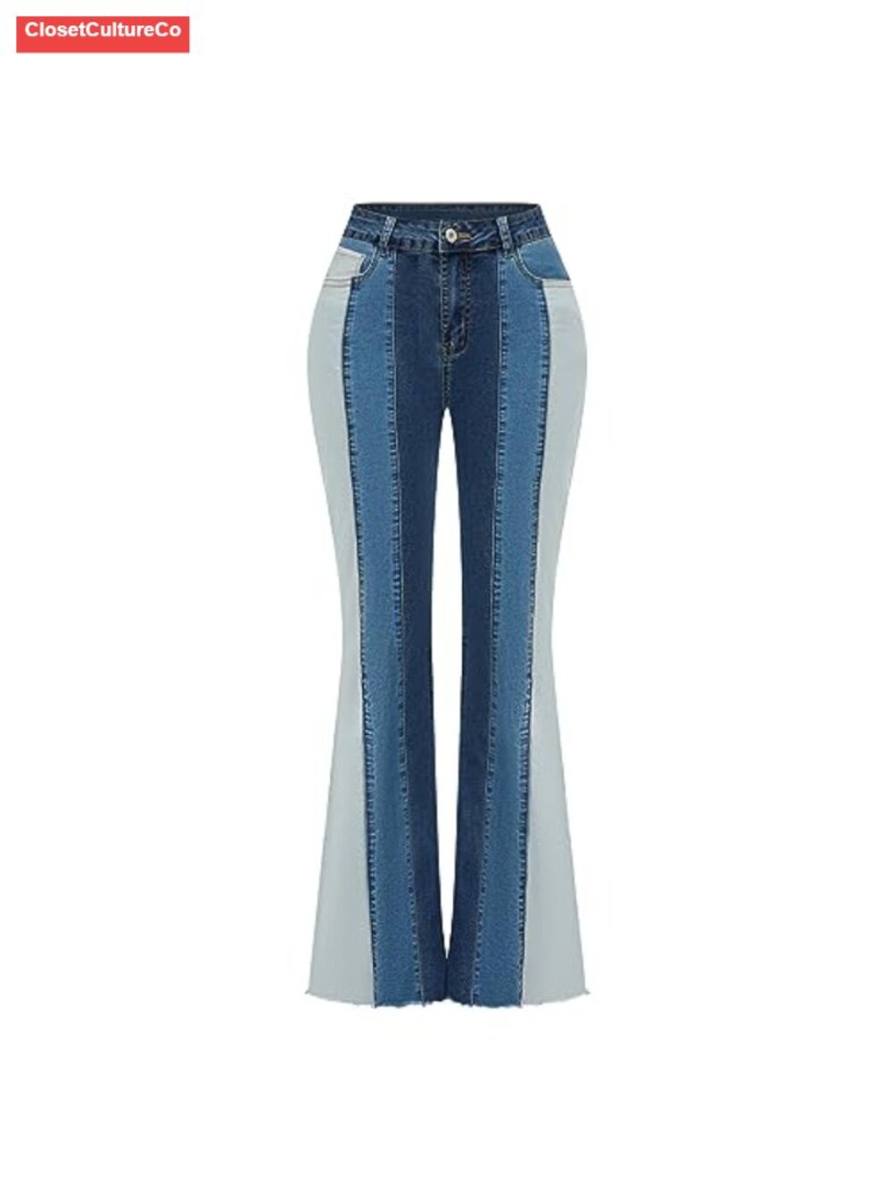 Women Patchwork Flare Jeans Stretch High Waisted Bell Bottom Raw Hem Denim Pants